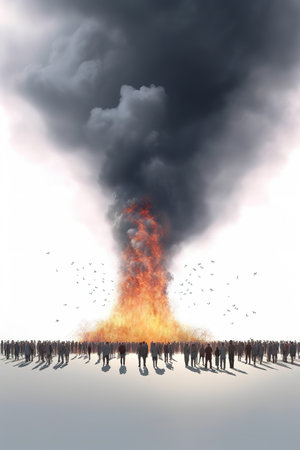 Society watching world burning over white background. Generative AIの素材
