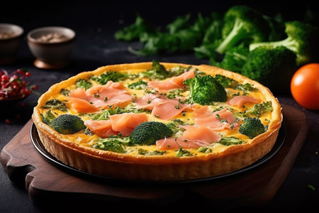 Delicious healthy broccoli and salmon quiche. Generative AIの素材