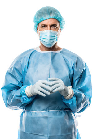 Surgeon wearing cap and surgical mask over white background. Generative AI vertical shotの素材