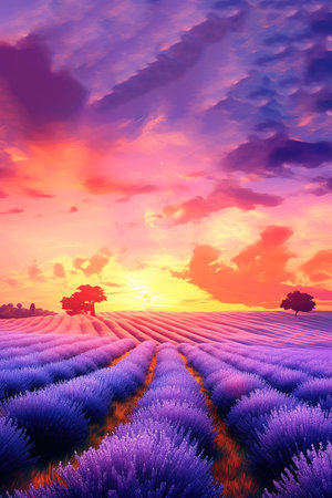 Lavender field at magical sunset view. Generative AI vertical illustrationの素材
