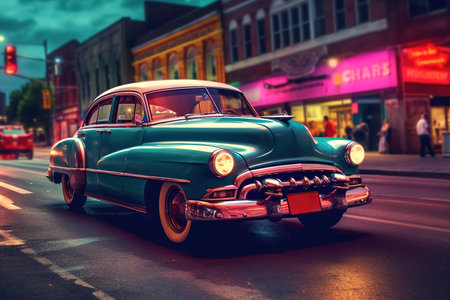 Vintage classic car driving on the street at dusk. Generative AIの素材