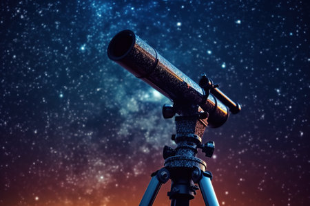 Telescope pointing at starry sky at night. Generative AIの素材