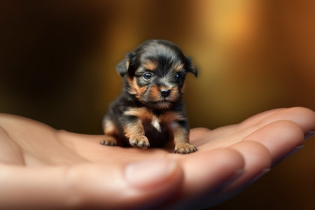Cute little tiny dog in human hand. Generative AIの素材