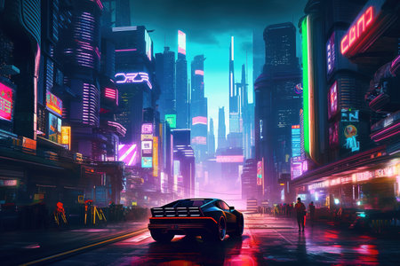Surreal sci-fi futuristic city at night. Generative AIの素材