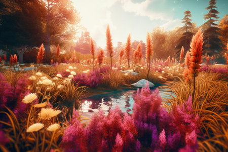 Dreamy nature scene full of plants by stream. Generative AIの素材