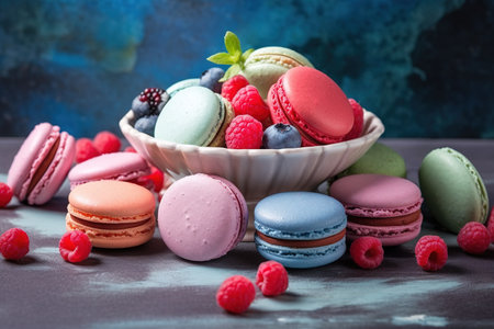 Colorful mix of macarons with berries and mint. Generative AIの素材
