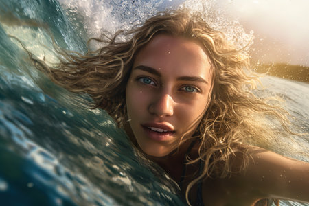 Close up shot of young surfer girl swimming in the ocean.Generative AIの素材