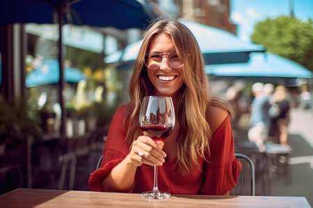 Happy woman drinking glass of wine in cafe outdoors. Generative AIの素材
