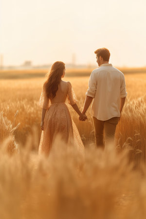Romantic golden hour with couple holding hands in rural. Generative AIの素材