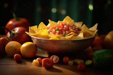 Bowl of Nachos with Mexican sauce. Generative AIの素材