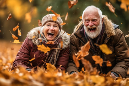 Senior couple playing with autumn wash without the park. Generative AIの素材