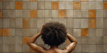 Back view of Afro hair woman holding her head. Generative AIの素材