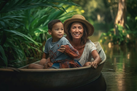 Mother and little are enjoying canoe ride in jungle. Generative AIの素材