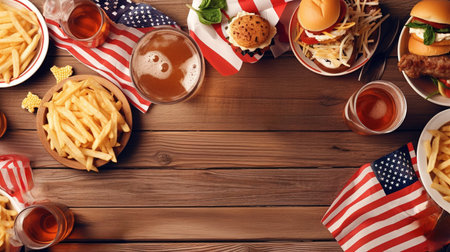 Top view of classic American fast food with copy space. Generative AIの素材