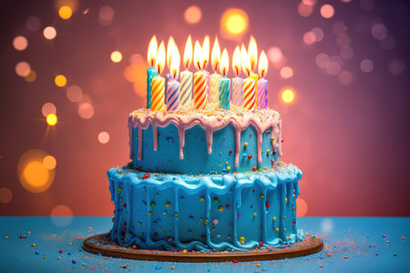 Blue big birthday cake full of candles. Generative AIの素材