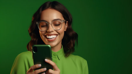Latin young woman looking at phone over green background.Generative AIの素材