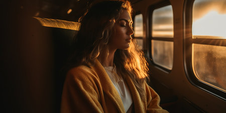 Young woman relaxing in train looking window at sunset. Generative AIの素材