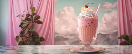 Pink milkshake in glass over elegant pink studio shot. Generative AIの素材