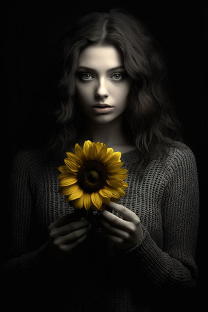 Young woman portrait holding sunflower, dark background. Generative AIの素材