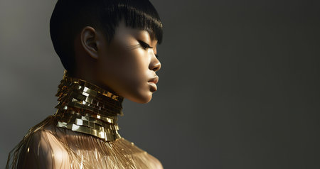 Side view portrait of Asian woman with golden suit. Generative AIの素材