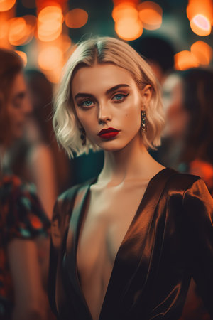 Young blond beautiful woman with elegant dress at party. Generative AIの素材