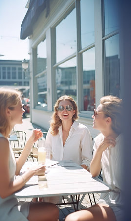 Three female friends chatting in cafe outdoor table. Generative AIの素材