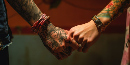 Close up shot of tattooed hands holding each other. Generative AIの素材