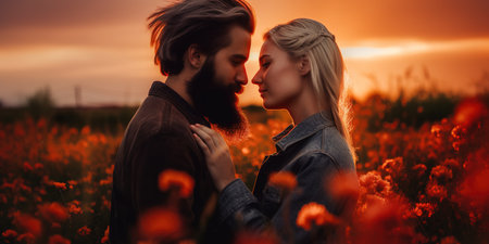 Sunset shot of couple about to kiss in flower field. Generative AIの素材
