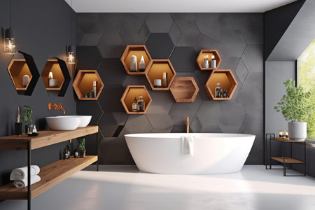 Modern luxury bathroom with hexagonal shapes. Generative AIの素材