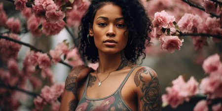 Tattooed African American woman around cherry trees. Generative AIの素材