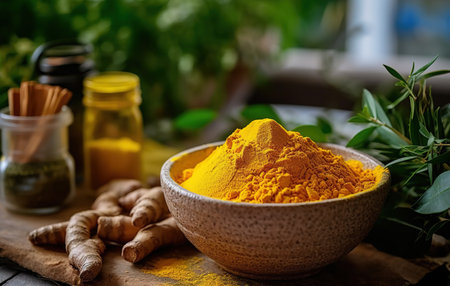 Turmeric colorful yellow powder in a bowl. Generative AIの素材