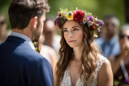 Beautiful bride with crown of flowers in outdoor wedding.Generative AIの素材