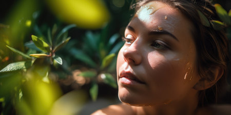 Close up shot of woman face in nature with copy space. Generative AIの素材