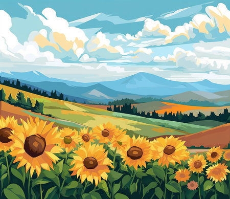 Digital oil painting of colorful sunflower field. Generative AIの素材