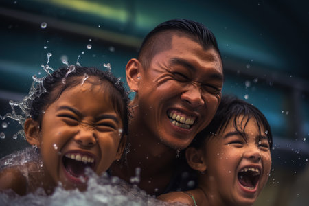 Asian family having fun in waterpark. Generative AIの素材