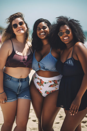 Real women enjoying day at the beach. Body positive. Generative AIの素材