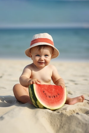 Baby child eating watermelon at the beach. Generative AIの素材