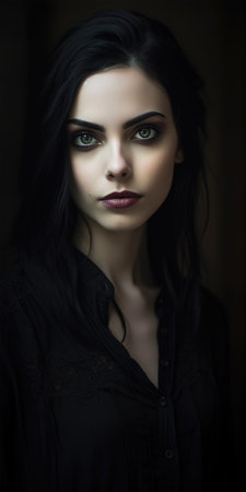 Portrait of beautiful brunette woman with dark style. Generative AIの素材