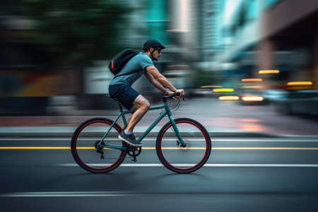 Man riding bike in the city with long exposure effect. Generative AIの素材