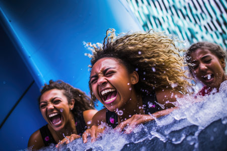 Teenage Girls having fun at waterpark. Generative AIの素材