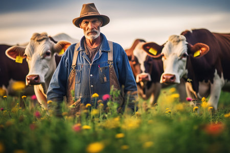 Senior farmer man herding cattle. Generative AIの素材