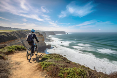 Man standing at top of cliff with bike looking at the ocean.Generative AIの素材