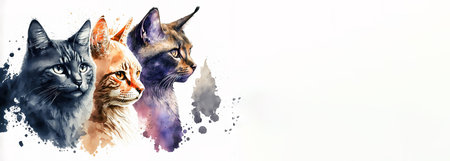 Three cute cats in water color and ink effects on white background. Landscaped with big blank space for copy space. Generative AI Illustrationの素材