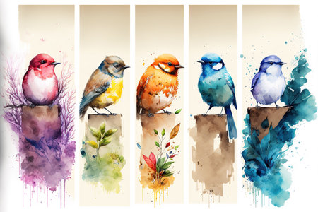 Series of cute birds with watercolor effects. Banner composition. Generative AI Illustrationの素材