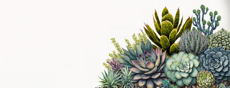 Different types of succulent plants banner with big copy space. Landscaped banner with copy space. Generative AI Illustrationの素材