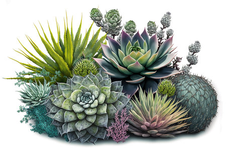 Realistic bouquet of succulent plants on white background. Generative AI Illustrationの素材