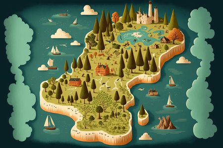Illustrated map of Island with rural areas and ships. Generative AI Illustrationの素材