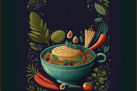 Illustration cookbook cover with veggie soup. Copy space for text. Dark background. Generative AIの素材