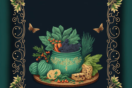 Cover of cookbook for organic veggie food. Copy space for text. Dark background. Generative AIの素材