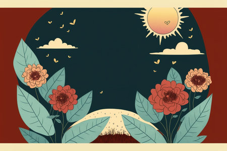 Minimalist composition of landscape with flowers, sun at the beach with copy space in the center for quote or text. Generative AI Illustrationの素材